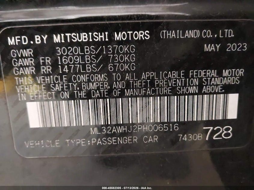 2023 Mitsubishi Mirage Black Edition VIN: ML32AWHJ2PH006516 Lot: 45582305
