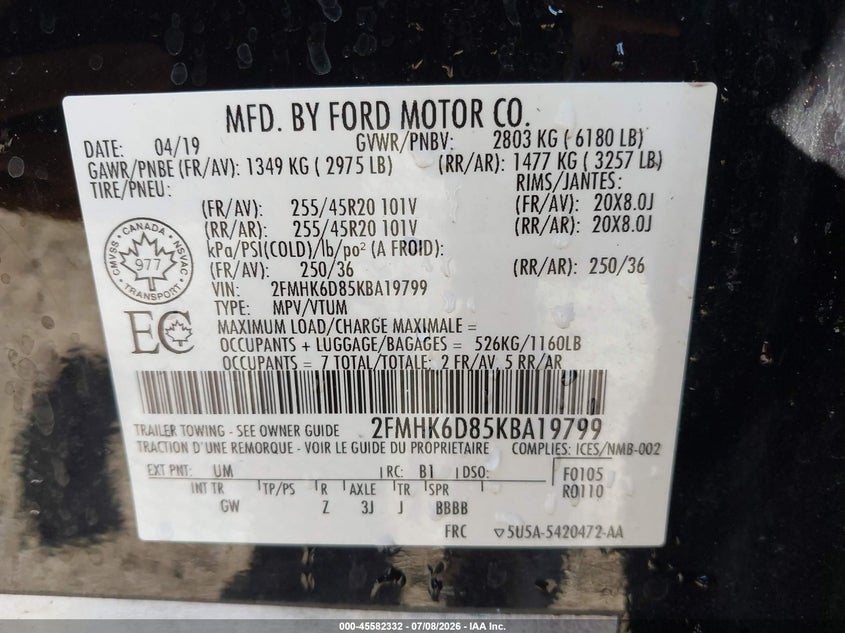 2019 Ford Flex Limited VIN: 2FMHK6D85KBA19799 Lot: 45582332