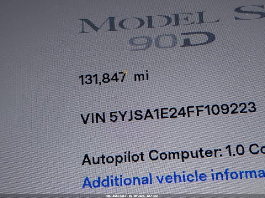 2015 Tesla Model S 70D/85D/P85D VIN: 5YJSA1E24FF109223 Lot: 45582343