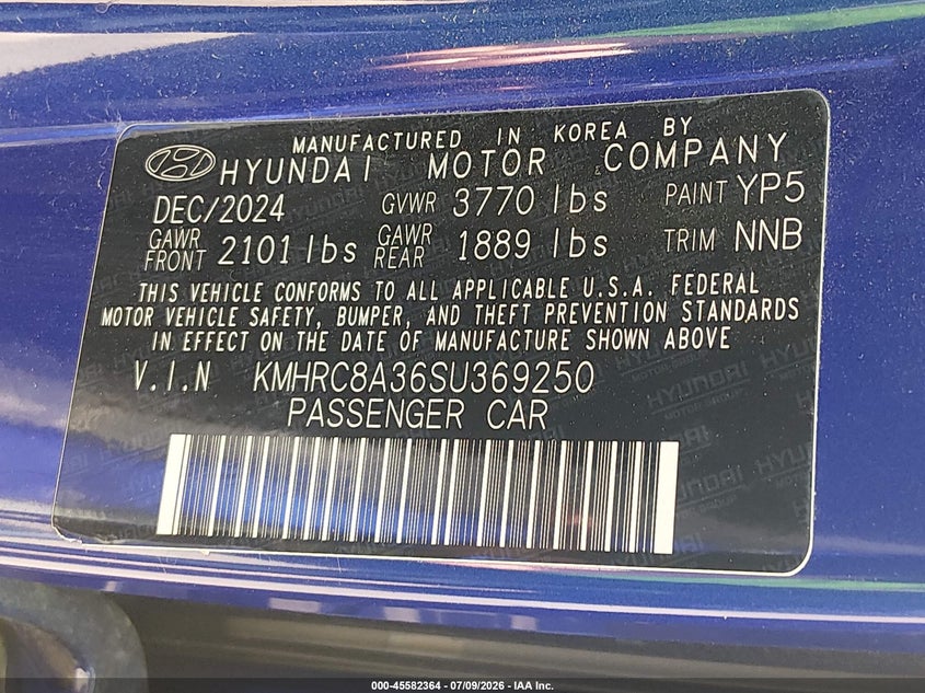 2025 Hyundai Venue Sel VIN: KMHRC8A36SU369250 Lot: 45582364