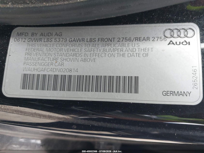 2013 Audi A6 3.0T Premium VIN: WAUHGAFC4DN020814 Lot: 45582366