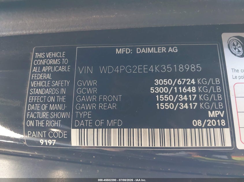 2019 Mercedes-Benz Metris VIN: WD4PG2EE4K3518985 Lot: 45582390
