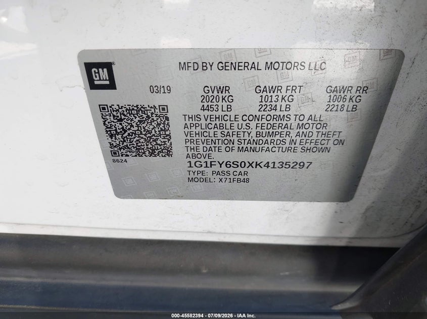 2019 Chevrolet Bolt Ev Lt VIN: 1G1FY6S0XK4135297 Lot: 45582394