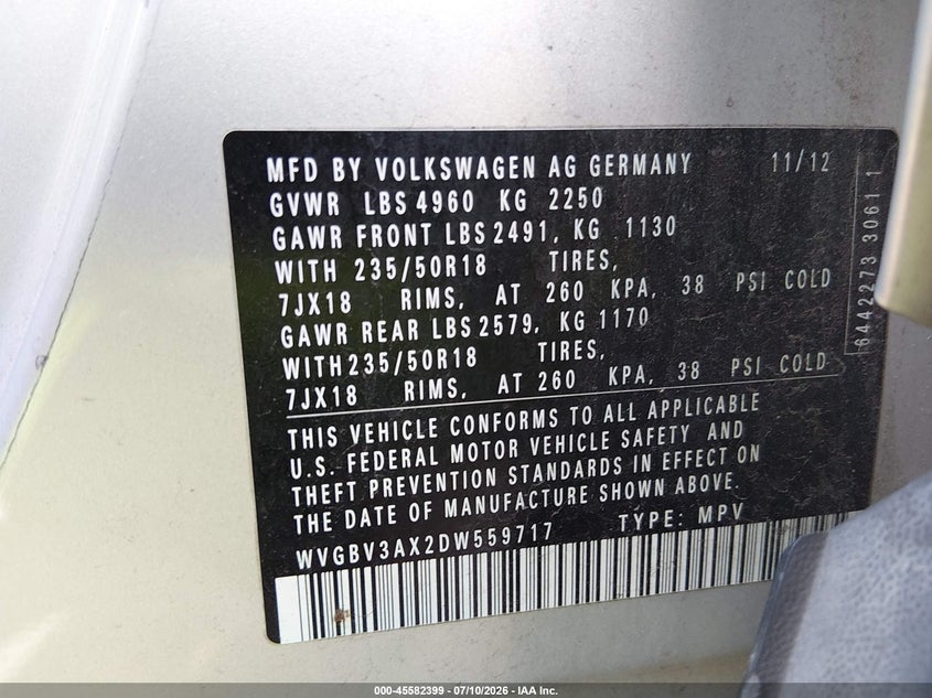 VOLKSWAGEN TIGUAN 2013 VIN WVGBV3AX2DW559717