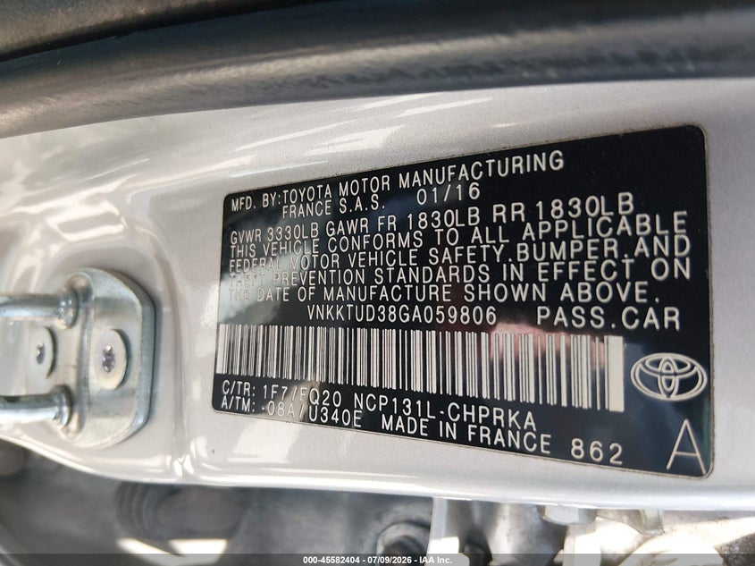 2016 Toyota Yaris L VIN: VNKKTUD38GA059806 Lot: 45582404