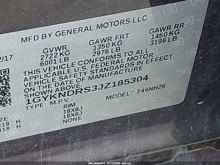 2018 Cadillac Xt5 Luxury VIN: 1GYKNDRS3JZ185304 Lot: 45582475