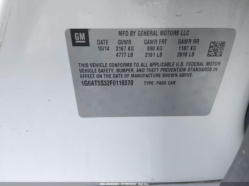 2015 Cadillac Cts Premium VIN: 1G6AT5S32F0118370 Lot: 45582494