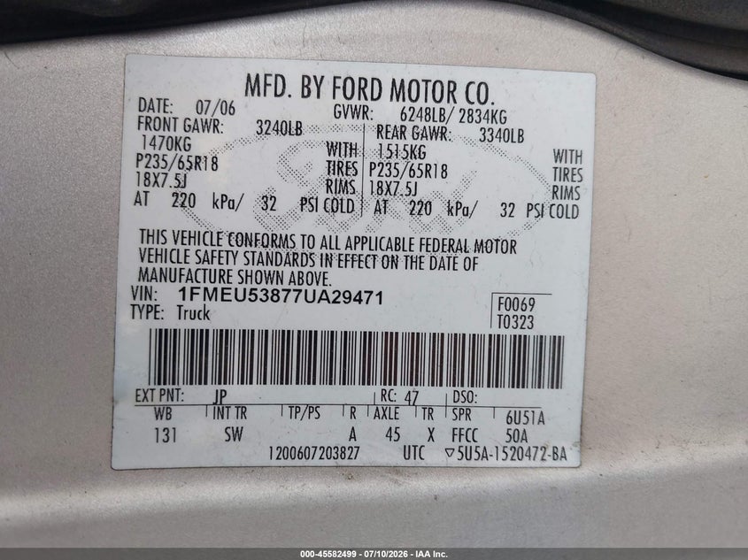 2007 Ford Explorer Sport Trac Limited VIN: 1FMEU53877UA29471 Lot: 45582499