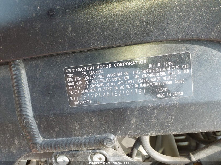 2005 Suzuki Dl650 K VIN: JS1VP54A352101797 Lot: 45582501