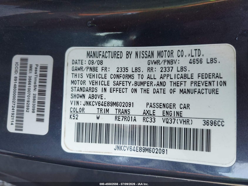 2009 Infiniti G37 Journey VIN: JNKCV64E89M602091 Lot: 45582556