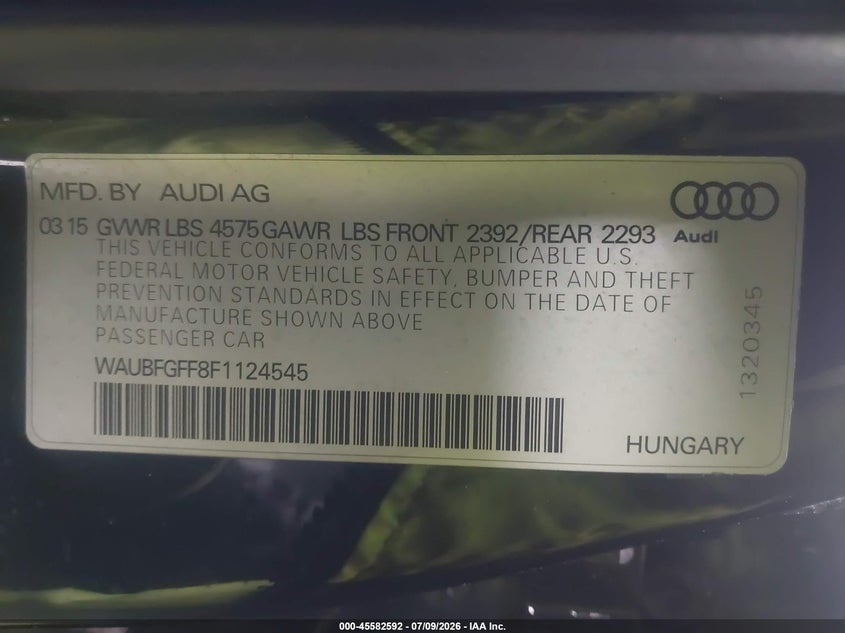 2015 Audi A3 2.0T Premium VIN: WAUBFGFF8F1124545 Lot: 45582592