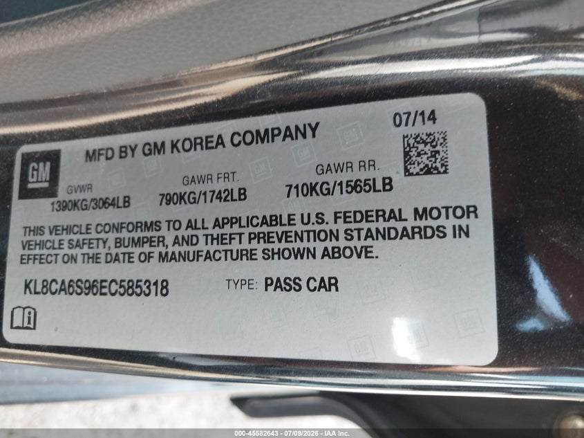 2014 Chevrolet Spark Ls Manual VIN: KL8CA6S96EC585318 Lot: 45582643