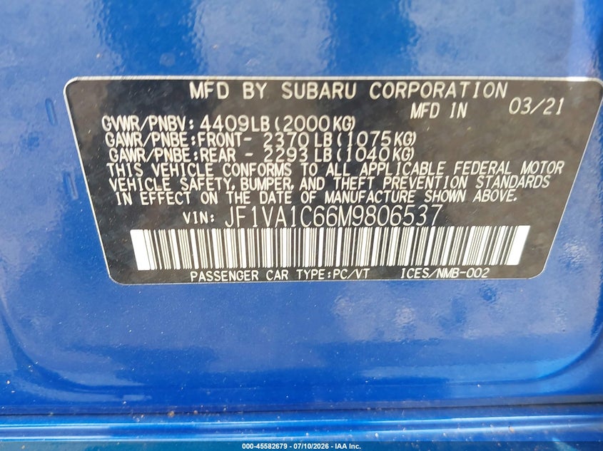 2021 Subaru Wrx Premium VIN: JF1VA1C66M9806537 Lot: 45582679