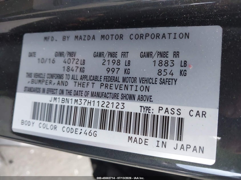 2017 Mazda Mazda3 Grand Touring VIN: JM1BN1M37H1122123 Lot: 45582714