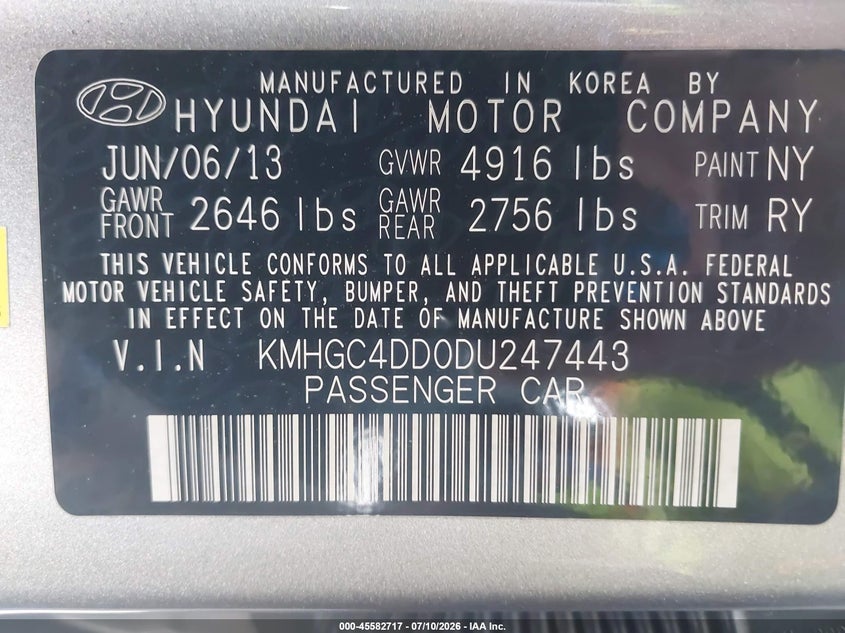 2013 Hyundai Genesis 3.8 VIN: KMHGC4DD0DU247443 Lot: 45582717