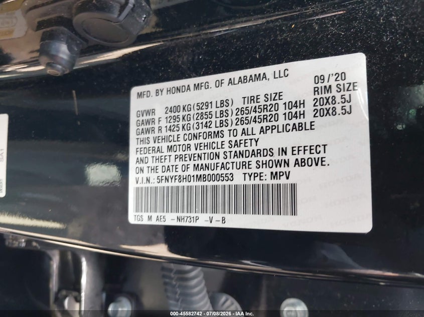 2021 Honda Passport Awd Elite VIN: 5FNYF8H01MB000553 Lot: 45582742