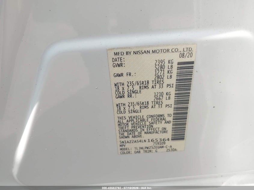 NISSAN MURANO 2020 VIN 5N1AZ2AS4LN165364