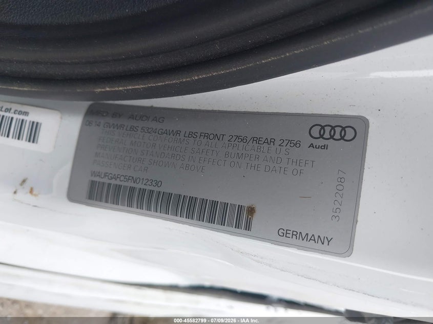 2015 Audi A6 3.0T Premium Plus VIN: WAUFGAFC5FN012330 Lot: 45582799