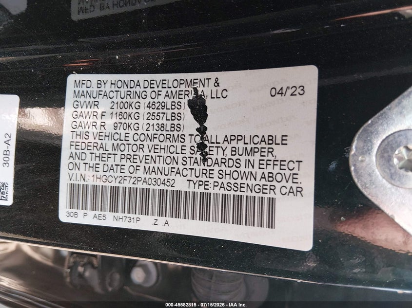 HONDA ACCORD HYBRID 2023 VIN 1HGCY2F72PA030452