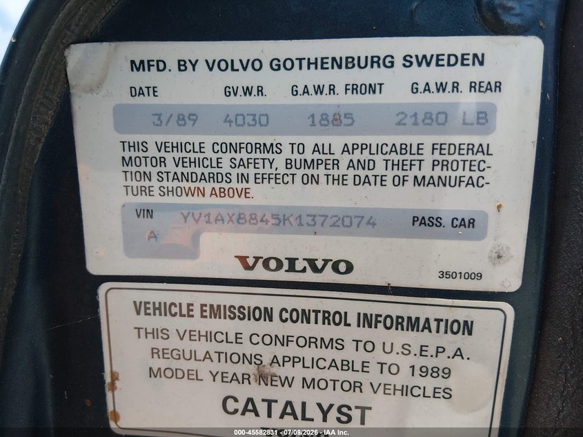 1989 Volvo 244 Dl/Gl VIN: YV1AX8845K1372074 Lot: 45582831