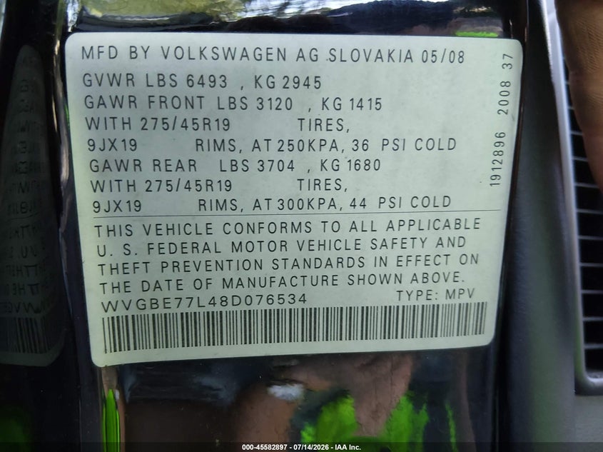2008 Volkswagen Touareg 2 Vr6 Fsi VIN: WVGBE77L48D076534 Lot: 45582897