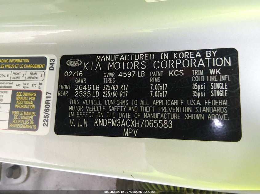 KIA SPORTAGE 2017 VIN KNDPM3ACXH7065583