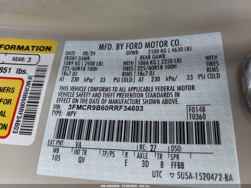2024 Ford Bronco Sport Big Bend VIN: 3FMCR9B60RRF34603 Lot: 45582940