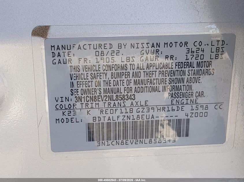 2022 NISSAN VERSA SEDAN 1.6L I-4 DOHC, VVT, 122HP