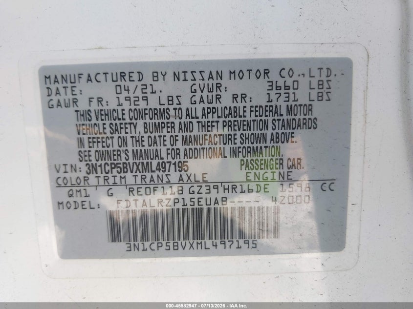 2021 Nissan Kicks S Xtronic Cvt VIN: 3N1CP5BVXML497195 Lot: 45582947