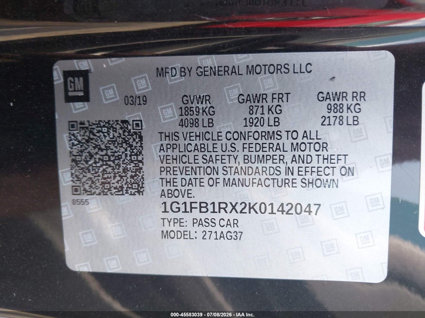 2019 Chevrolet Camaro 1Lt VIN: 1G1FB1RX2K0142047 Lot: 45583039