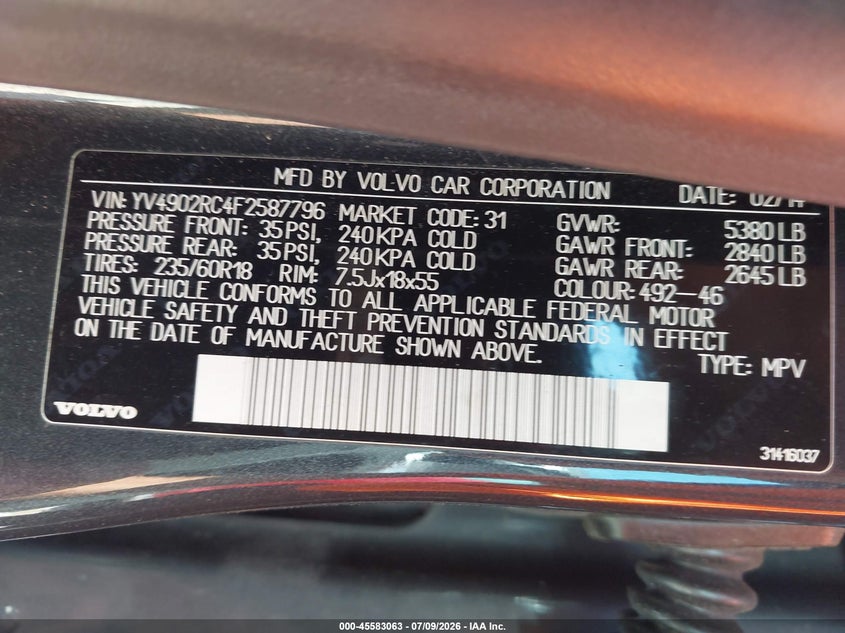 2015 Volvo Xc60 T6 Premier Plus VIN: YV4902RC4F2587796 Lot: 45583063