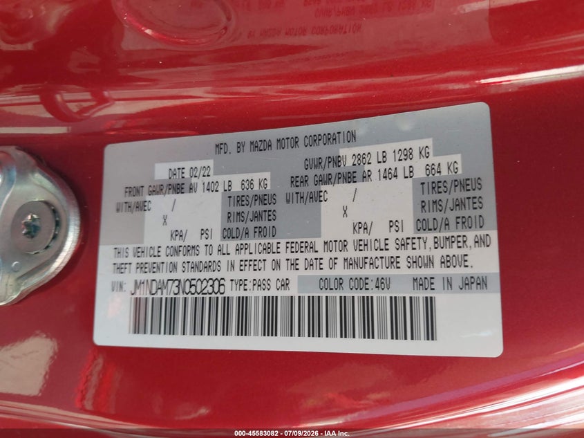 2022 Mazda Mx-5 Miata Rf Grand Touring VIN: JM1NDAM73N0502306 Lot: 45583082