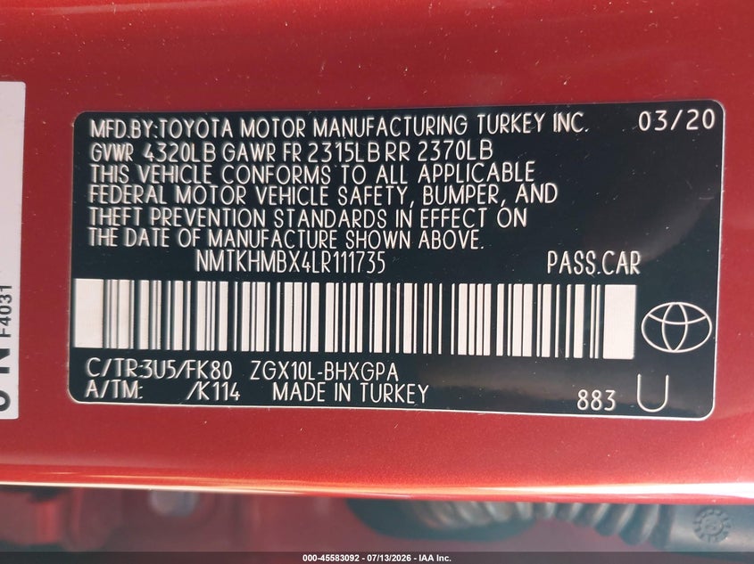 2020 Toyota C-Hr Xle VIN: NMTKHMBX4LR111735 Lot: 45583092