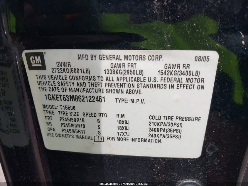 2006 GMC Envoy Denali VIN: 1GKET63M862122461 Lot: 45583099