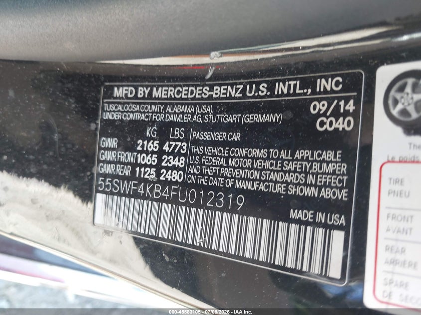 2015 Mercedes-Benz C 300 4Matic VIN: 55SWF4KB4FU012319 Lot: 45583105