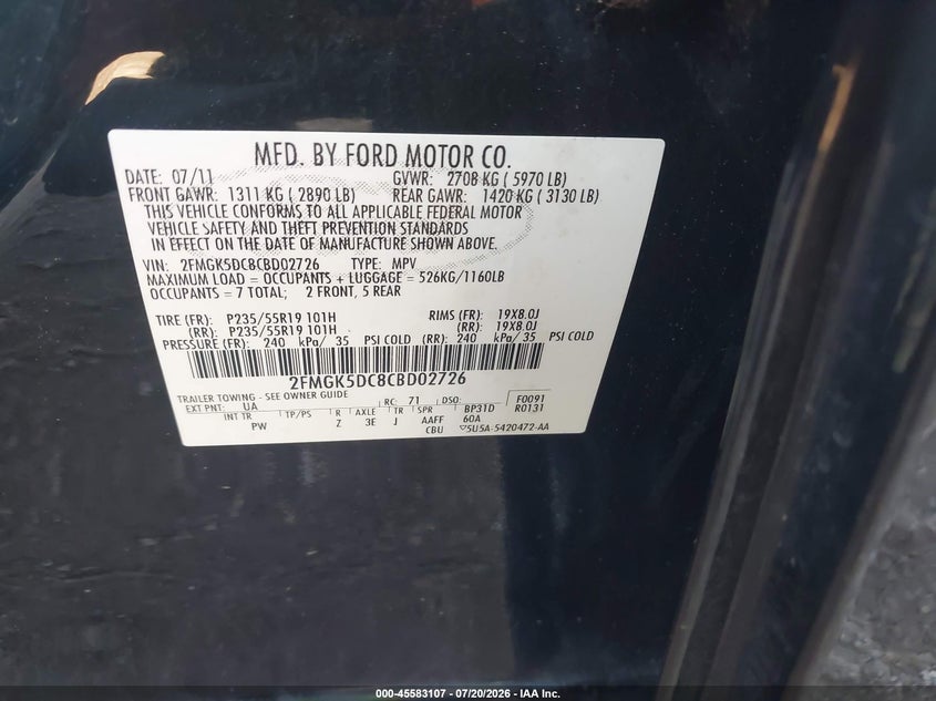 2012 Ford Flex Limited VIN: 2FMGK5DC8CBD02726 Lot: 45583107