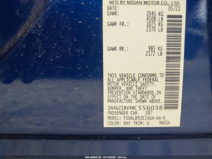 2021 Nissan Leaf S 40 Kwh VIN: 1N4AZ1BV4MC556038 Lot: 45583149