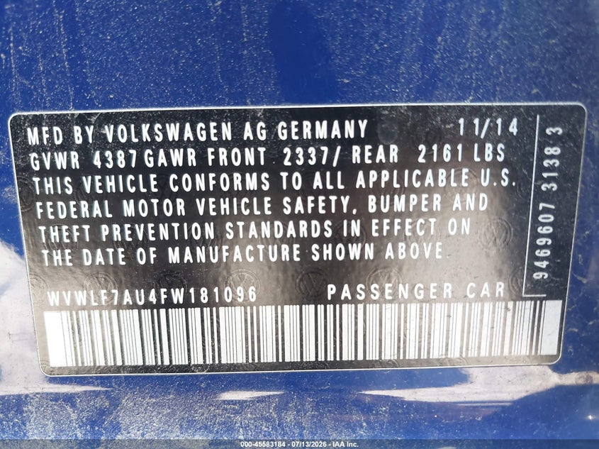 2015 Volkswagen Golf R 4-Door VIN: WVWLF7AU4FW181096 Lot: 45583184