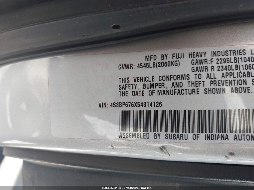 2005 Subaru Legacy 2.5Gt Limited VIN: 4S3BP676X54314126 Lot: 45583188