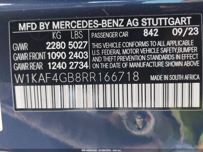 2024 Mercedes-Benz C 300 VIN: W1KAF4GB8RR166718 Lot: 45583192