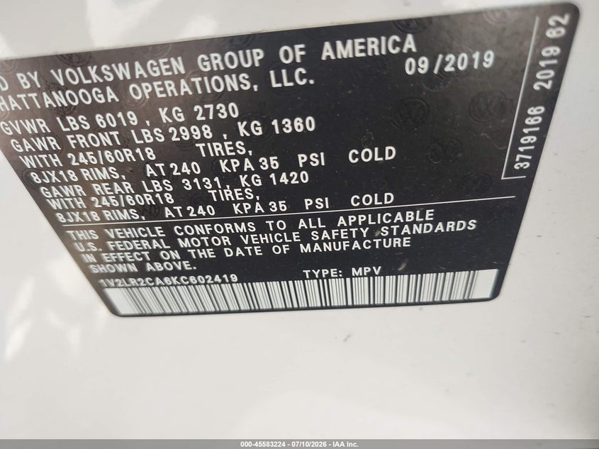2019 Volkswagen Atlas 3.6L V6 Se VIN: 1V2LR2CA6KC602419 Lot: 45583224