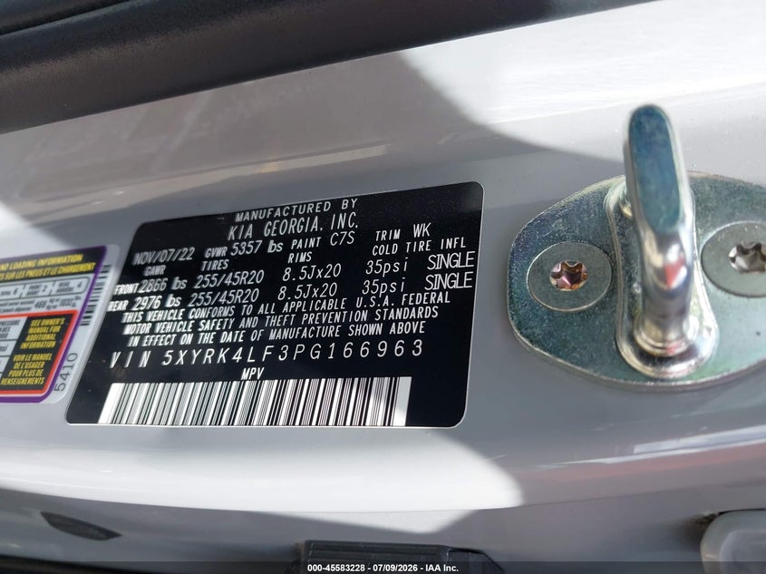 2023 Kia Sorento Sx VIN: 5XYRK4LF3PG166963 Lot: 45583228