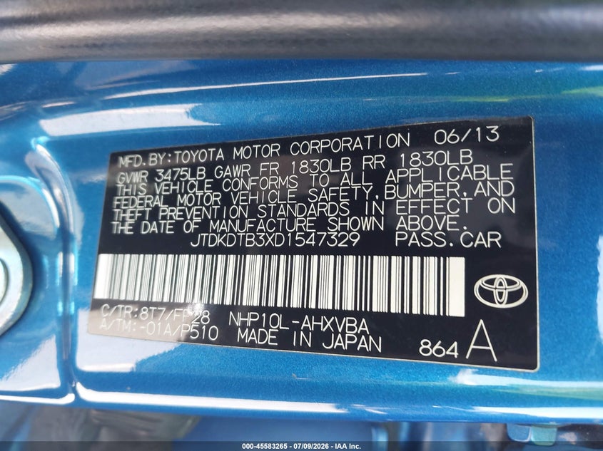 2013 Toyota Prius C Two VIN: JTDKDTB3XD1547329 Lot: 45583265