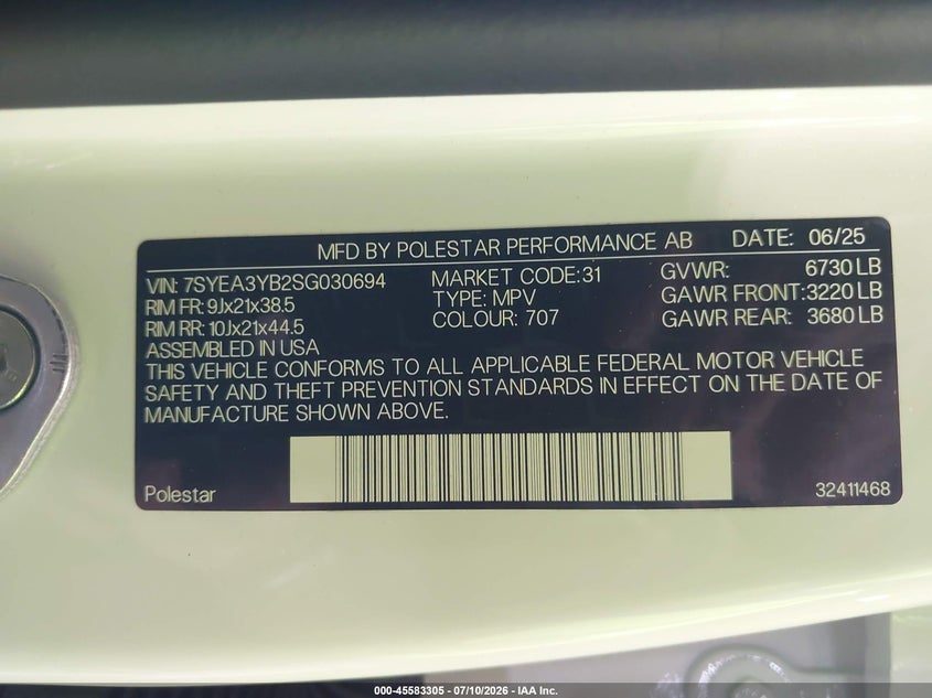 2025 Polestar 3 Long Range Dual Motor/Long Range Dual Motor Launch Edition VIN: 7SYEA3YB2SG030694 Lot: 45583305