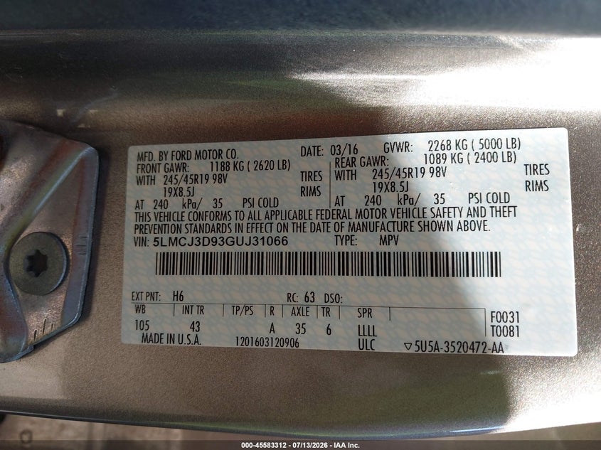 2016 Lincoln Mkc Reserve VIN: 5LMCJ3D93GUJ31066 Lot: 45583312