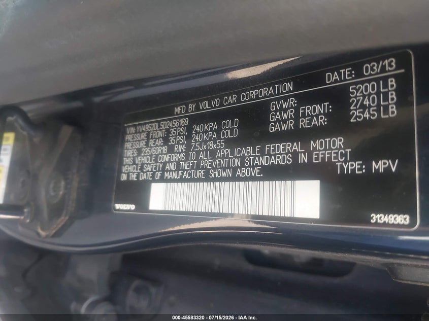 2013 Volvo Xc60 3.2 Premier VIN: YV4952DL5D2456169 Lot: 45583320