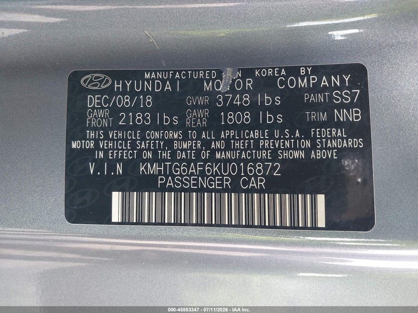 2019 Hyundai Veloster 2.0 VIN: KMHTG6AF6KU016872 Lot: 45583347