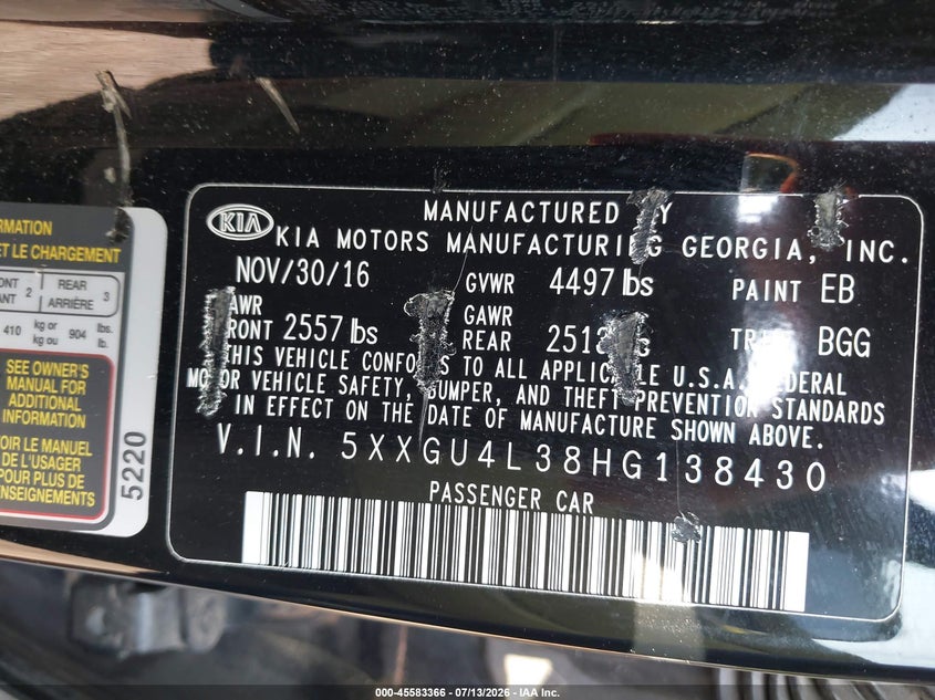 2017 KIA OPTIMA SEDAN 2.4L I-4 DI, DOHC, VVT, 185HP
