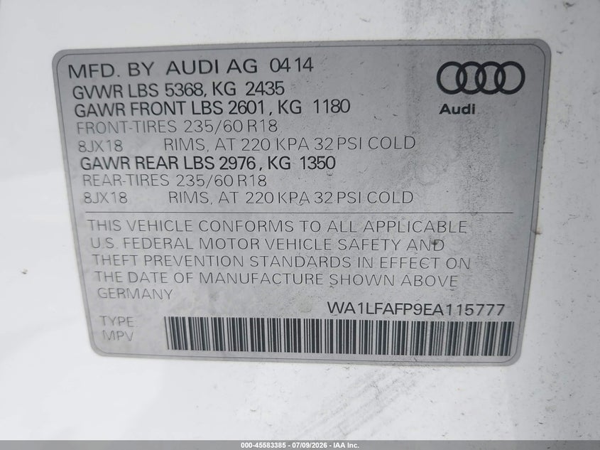 2014 Audi Q5 2.0T Premium VIN: WA1LFAFP9EA115777 Lot: 45583385