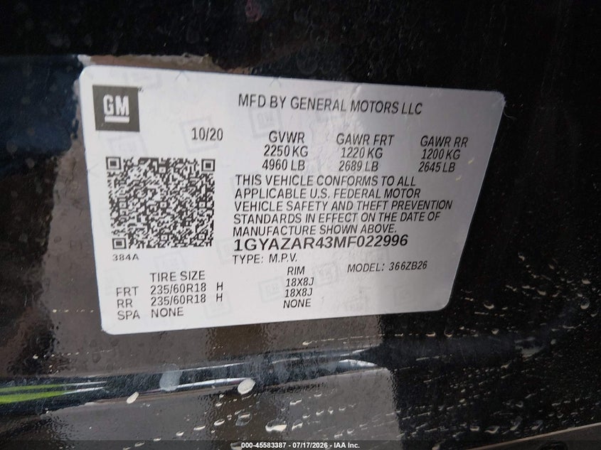 2021 Cadillac Xt4 Fwd Luxury VIN: 1GYAZAR43MF022996 Lot: 45583387